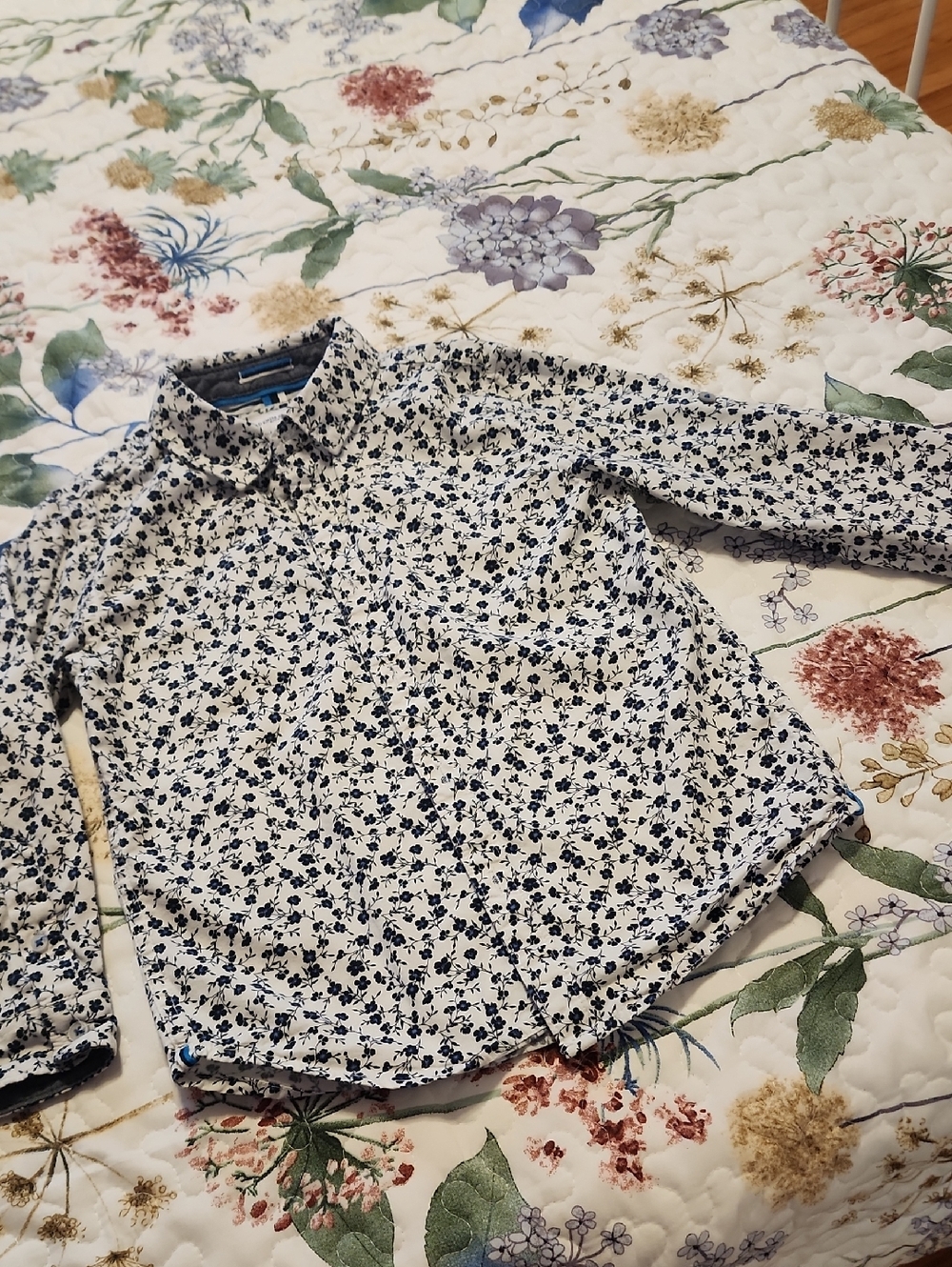 Denim & Flower White Button-Down Shirt with Navy Floral Print